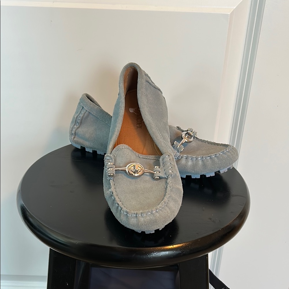 Coach cornflower (light blue) Suede Loafers with Silver Accent size 7.